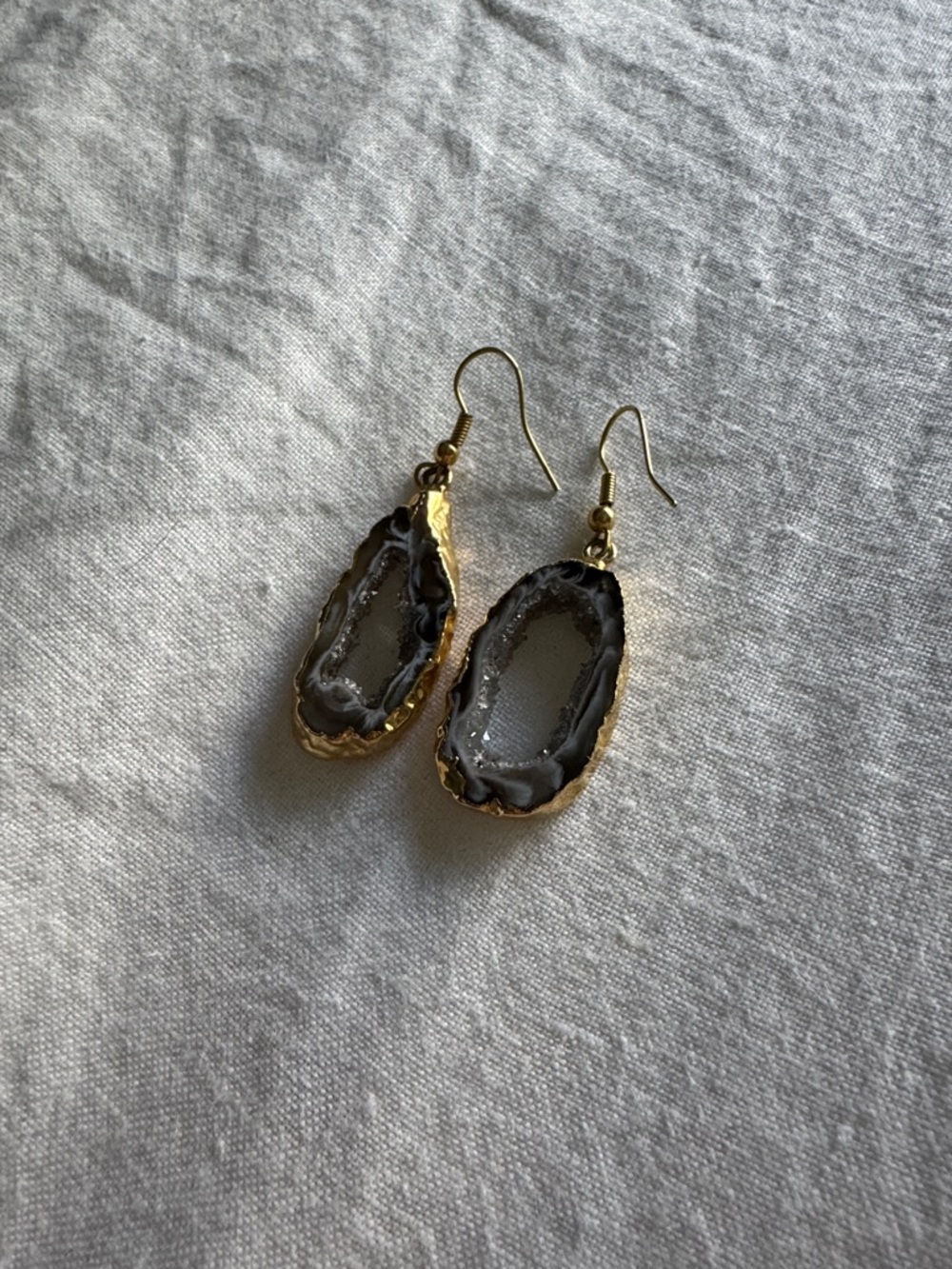 Purple Agate Slice Drop Earrings with Gold Trim